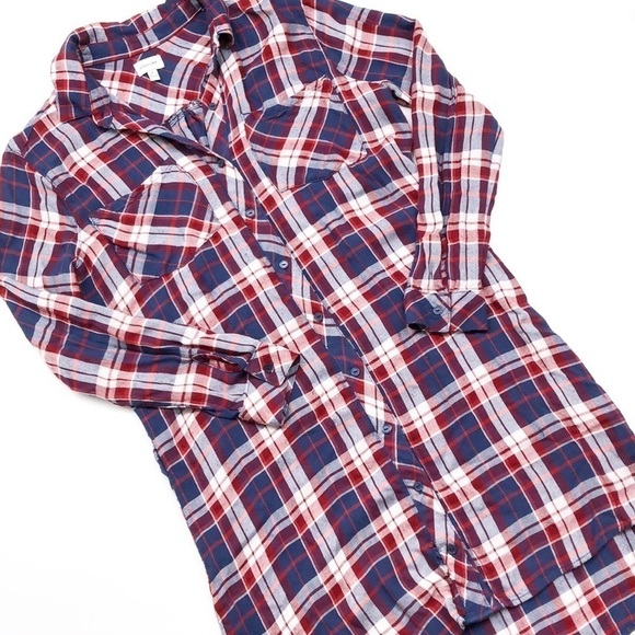 Sneak Peek red/blue plaid long sleeve button down tunic top - Picture 1 of 6